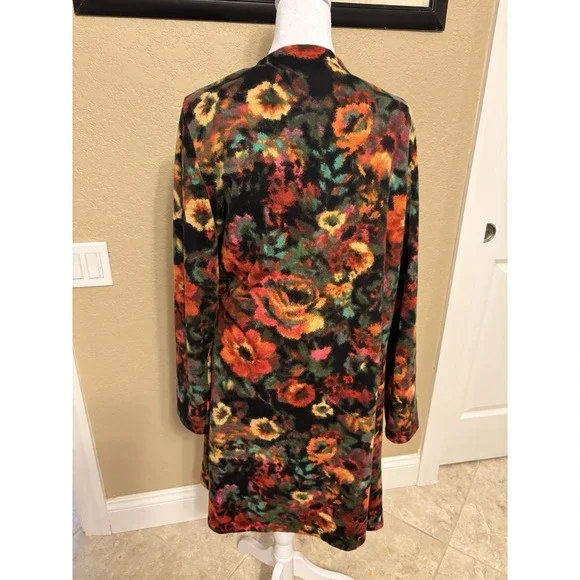 Nina Leonard Dolce Knit Duster/Cardigan, Black And Multicolor Floral Print, L - Picture 3 of 9